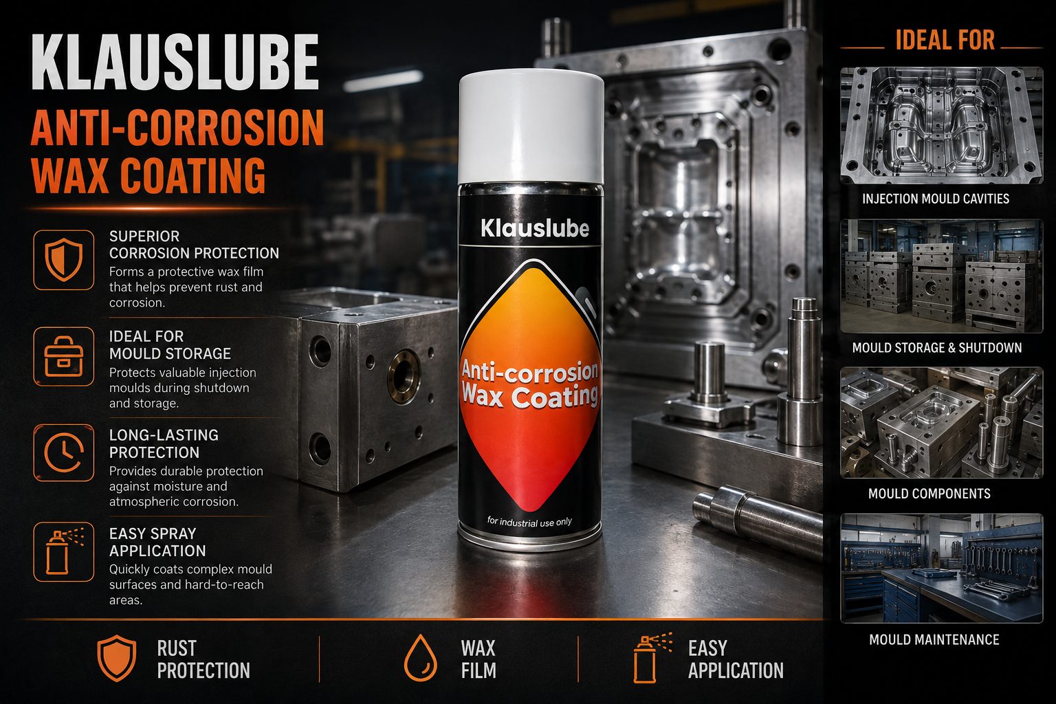 Klauslube Anti-corrosion Wax Coating aerosol — protective wax film for injection moulds and metal parts