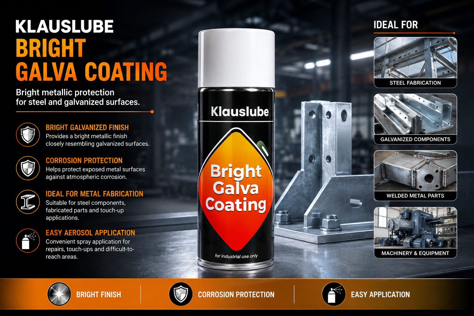 Klauslube Bright Galva Coating aerosol — bright metallic corrosion-protective coating for steel and galvanized surfaces