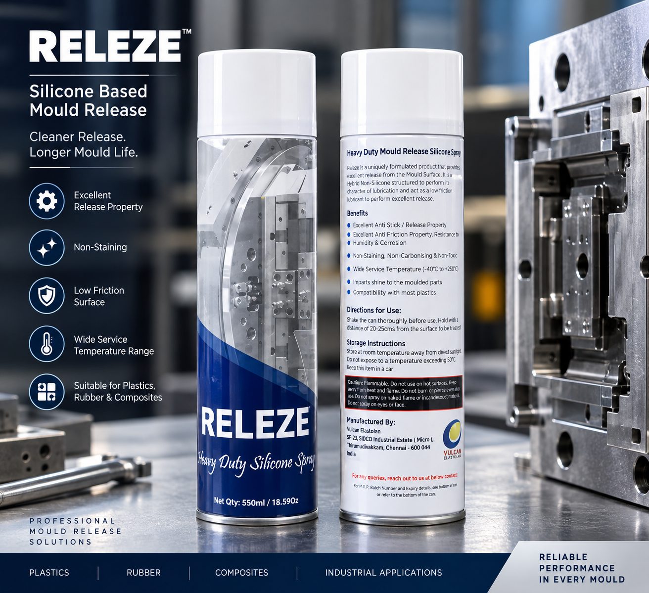 Releze Silicone Based Mould Release — heavy duty silicone spray for plastics, rubber and composites